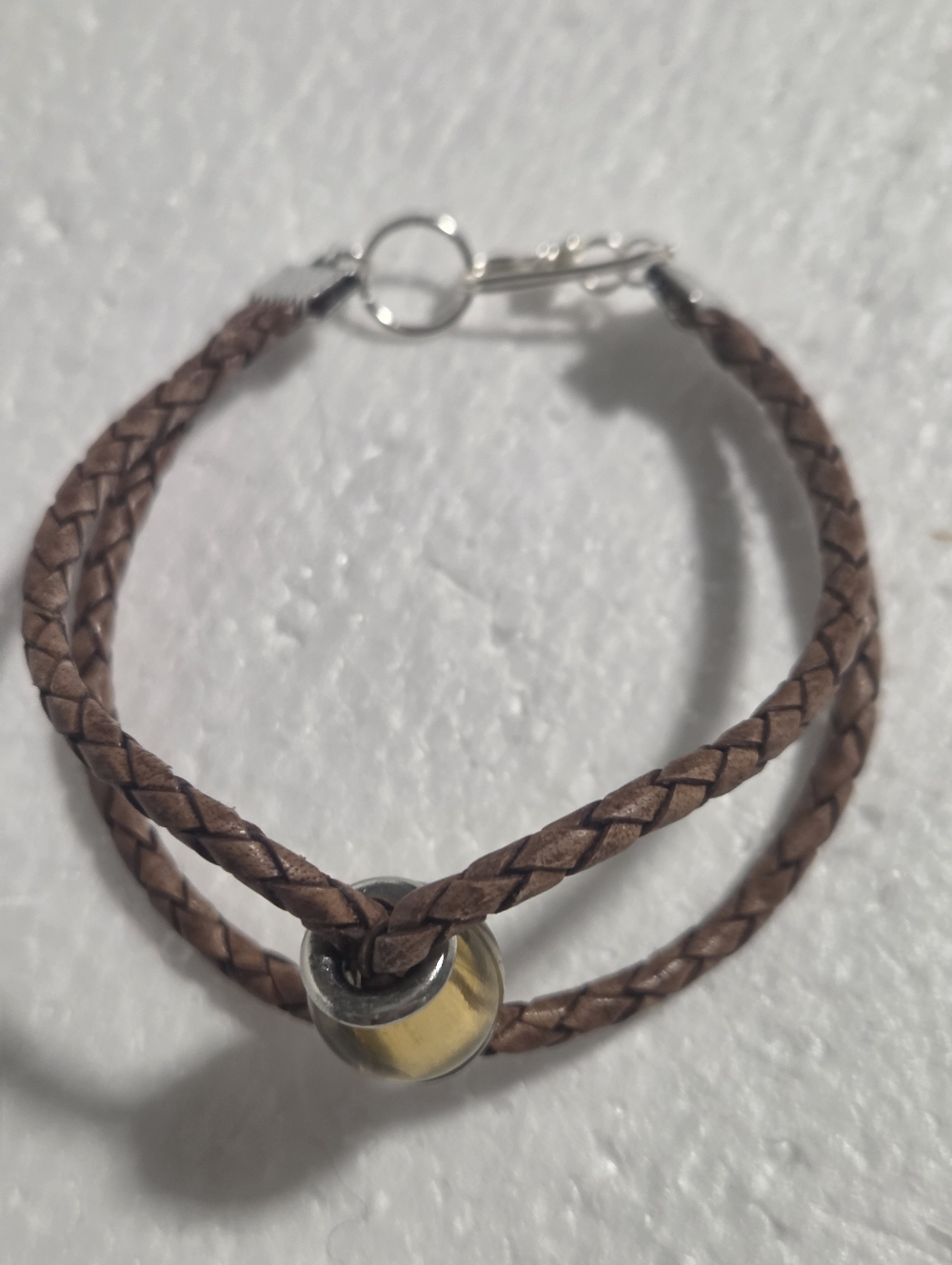 Handcrafted Braided Brown Leather Double-Strand Bracelet with Gold Accented Bead